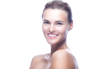 Beauty Portrait of Winsome Smiling Happy  Caucasian Brunette Woman with Fresh Clean Skin for Health Facial Therapy Treatment, Cosmetology, Beauty and Spa.
