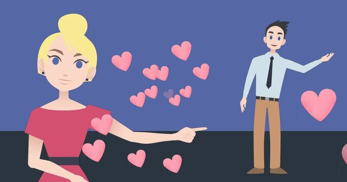 Animation of caucasian woman and men making presentation with hearts over blue background