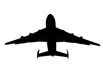 The silhouette of an aircraft with six engines. Cargo plane isolated black on white background....