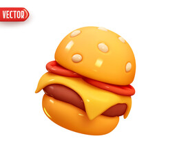 Burger cheeseburger. Realistic 3d design element In plastic cartoon style. Icon isolated on white background. Vector illustration