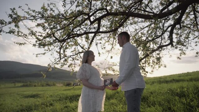A young pregnant girl and her boyfriend are relaxing in nature. Happy young couple in white shirt and dress. A pregnant woman and her husband are waiting for the birth of a child. Young family.
