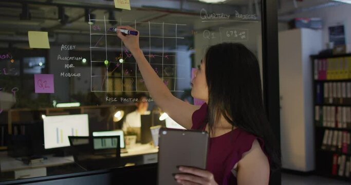 Video of asian woman with tablet and glassboard working late in office