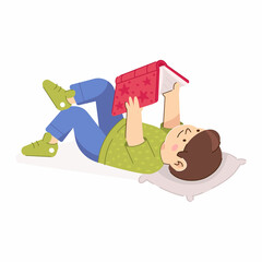 A little boy is lying and reading a book. Cartoon vector illustration isolated on white background. Children's theme