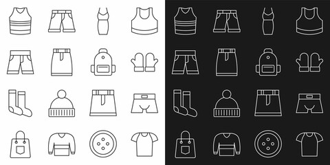 Set line T-shirt, Men underpants, Christmas mittens, Woman dress, Skirt, Short or, Undershirt and School backpack icon. Vector