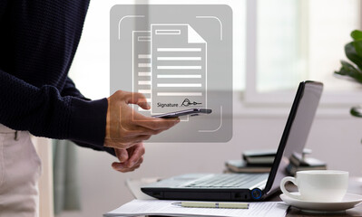 person using smartphone with ducument electronic signature at workplace, Electronic Signature...