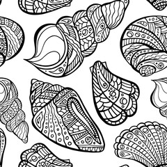 Polynesian shell irregular seamless pattern. Zen art conch endless texture. Maori sea random repeat boundless background. Tribal ocean surface design. Chaotic marine ornament for coloring book