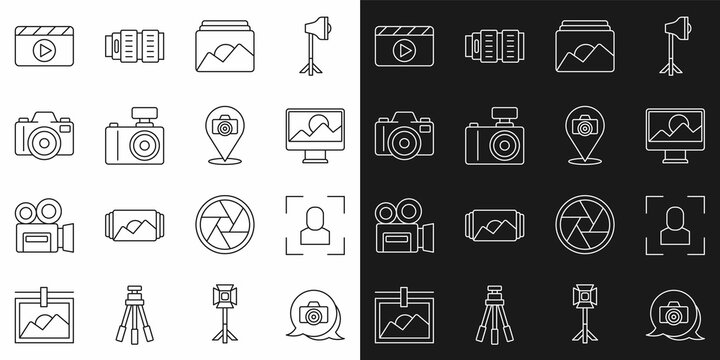 Set line Photo camera, Camera focus frame line, retouching, Movie clapper and icon. Vector