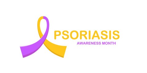 Psoriasis awareness month concept horizontal banner design template with yellow and violet ribbon and text isolated on white background. August is Psoriasis awareness month vector flyer or poster