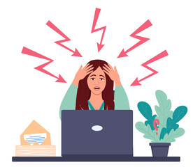 Girl is sitting in front of a laptop, holding her head in her hands. Young woman is panicking. Illustration in flat style on a white background
