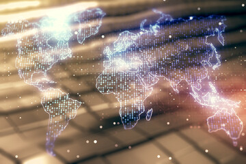 Multi exposure of abstract graphic world map hologram on shiny metal background, connection and...
