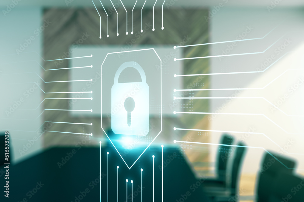Poster double exposure of virtual creative lock hologram with chip on a modern meeting room background. inf