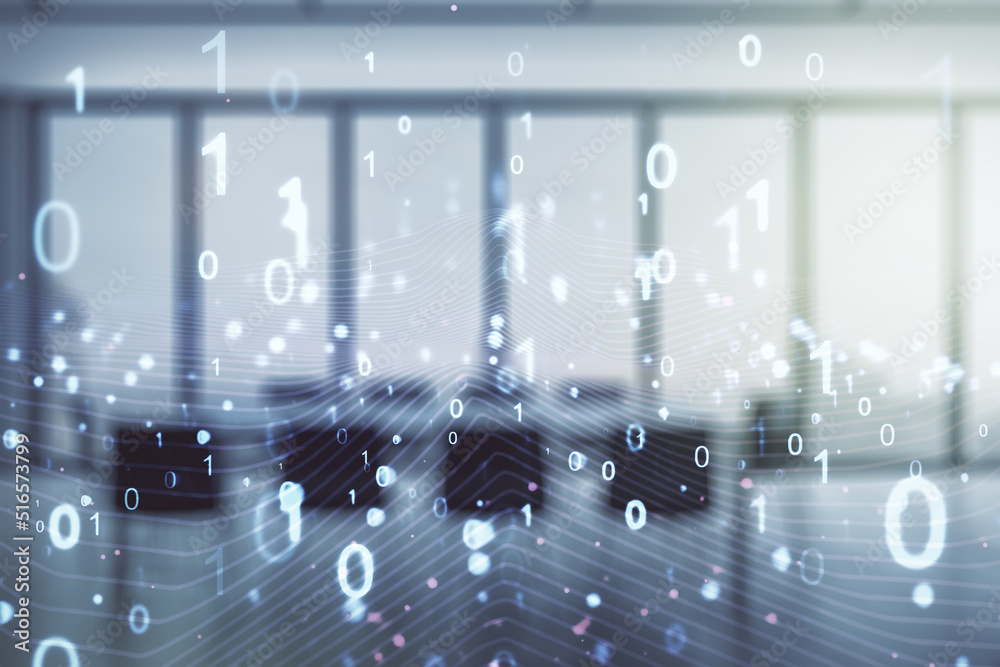 Poster abstract virtual binary code illustration on a modern conference room background. big data and codin