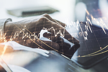 Multi exposure of abstract creative financial chart with finger presses on a digital tablet on background, research and analytics concept