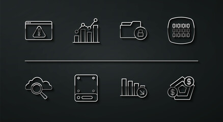 Set line Browser with exclamation mark, Search cloud computing, Binary code, Financial growth decrease, Server, Pie chart infographic, and Folder and lock icon. Vector