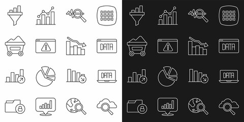 Set line Search cloud computing, Data analysis, data, Browser with exclamation mark, Coal mine trolley, Sales funnel chart and Financial growth decrease icon. Vector