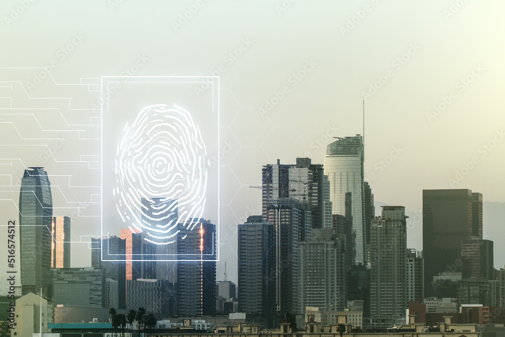 Poster Multi exposure of virtual graphic fingerprint sketch on Los Angeles cityscape background fingerprint scan data concept