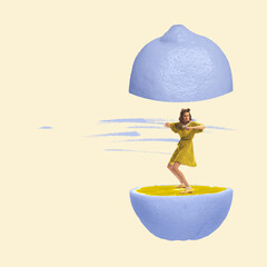 Emotional girl dancing in cut blue lemon. Contemporary art collage, modern design. Ideas, emotions,...