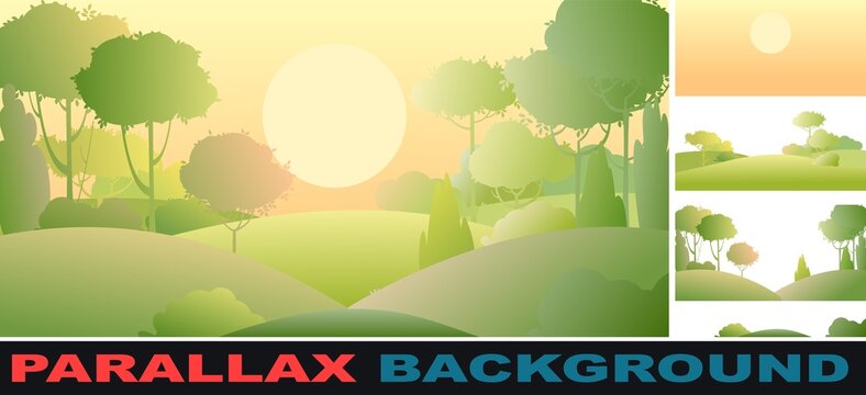 Rural beautiful landscape. Set parallax effect. Cartoon style. Set parallax effect. Sunset Hills with grass and forest trees. Cool romantic beauty. Flat design illustration. Vector