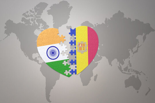 puzzle heart with the national flag of india and andorra on a world map background.Concept.