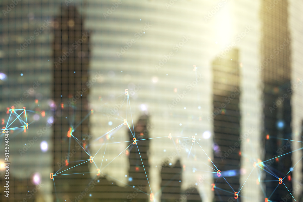 Poster Abstract virtual wireless technology hologram on office buildings background. Big data and database concept. Multiexposure
