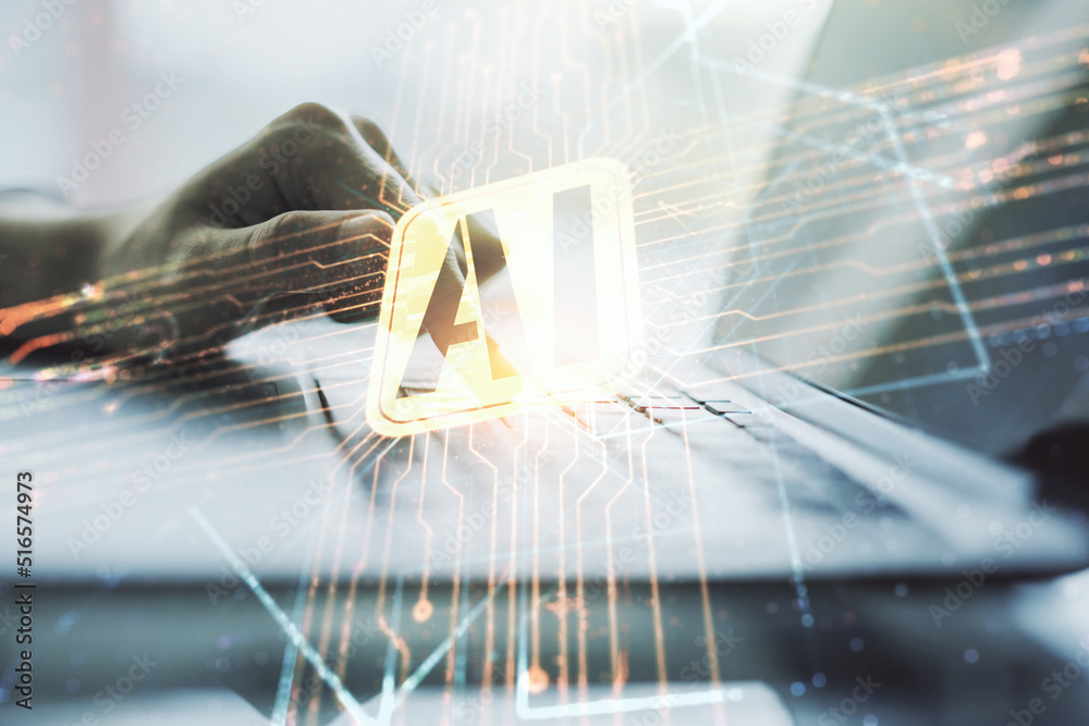 Aufkleber double exposure of creative artificial intelligence icon with hands typing on laptop on background. 
