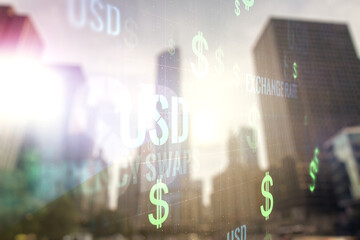 Virtual USD symbols illustration on office buildings background. Trading and currency concept. Multiexposure