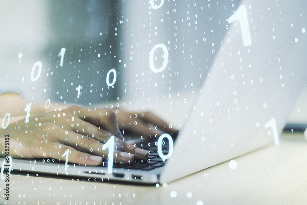 Aufkleber double exposure of creative abstract binary code hologram and hands typing on laptop on background. 
