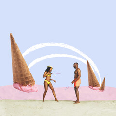 Happy man and woman playing badminton at sea beach. Contemporary art collage, modern design. Retro style, vacation, summer mood