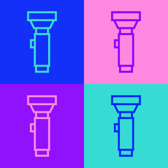 Pop art line Flashlight icon isolated on color background. Vector