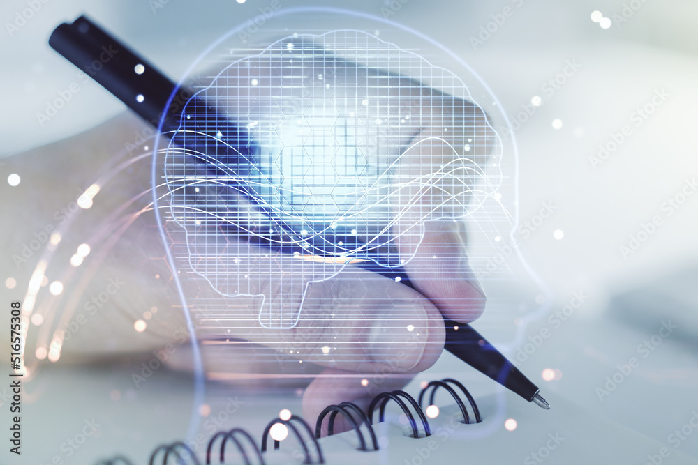 Aufkleber Double exposure of creative artificial Intelligence symbol with man hand writing in notebook on background. Neural networks and machine learning concept