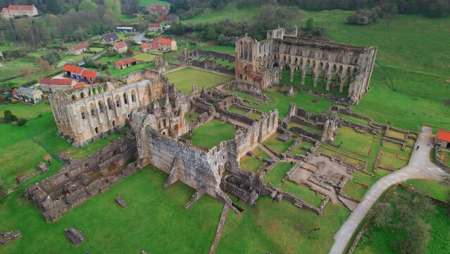 Panoramic View Of Cistercian Abbey In Rievaulx Near Helmsley In The North York Moors National Park, North Yorkshire, England. Aerial Shot