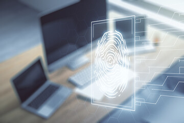 Abstract creative fingerprint concept and modern desktop with computer on background. Multiexposure