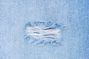 Torn Blue jeans background. Close up blue denim jean texture, banner