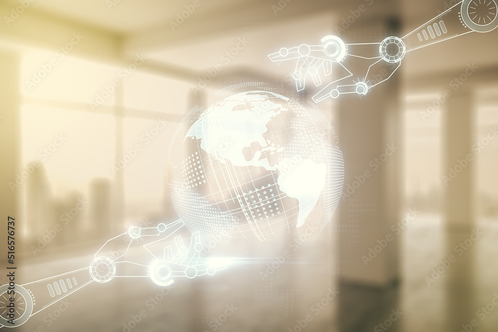 Aufkleber abstract virtual robotics technology sketch with globe on abstract empty interior background, future