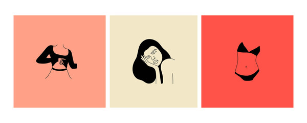 Woman body parts. Young stylish girl. beautiful lady portrait. Hand drawn modern illustrations. Trendy clothes and bikini, bright makeup. Poster, print or card template, black and white vector set