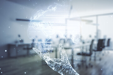 Double exposure of abstract digital world map on modern corporate office background, research and strategy concept