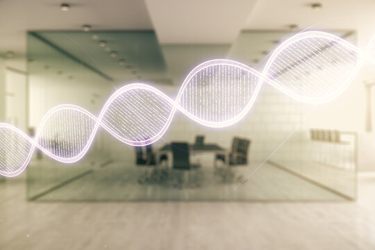 Double exposure of creative DNA hologram on modern corporate office background. Bio Engineering and DNA Research concept