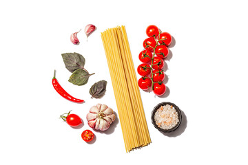 Fototapeta na wymiar Traditional ingredients for cooking classic Italian spaghetti isolated on white