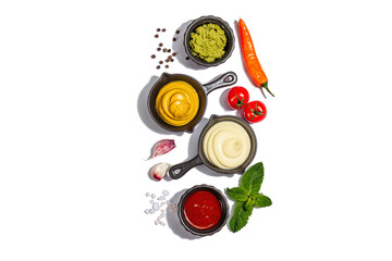 Set of sauces isolated on white background. Ketchup, mustard, mayonnaise, wasabi
