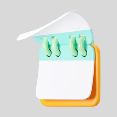 3d calendar icon with flipping paper pages and rings isolated on gray background. Render of daily schedule planner. Calendar events plan, work planning concept. 3d cartoon simple vector illustration