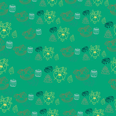 Christmas pattern with cute reindeer, gifts and cups. Festive background with hand drawn elements, vector illustration.