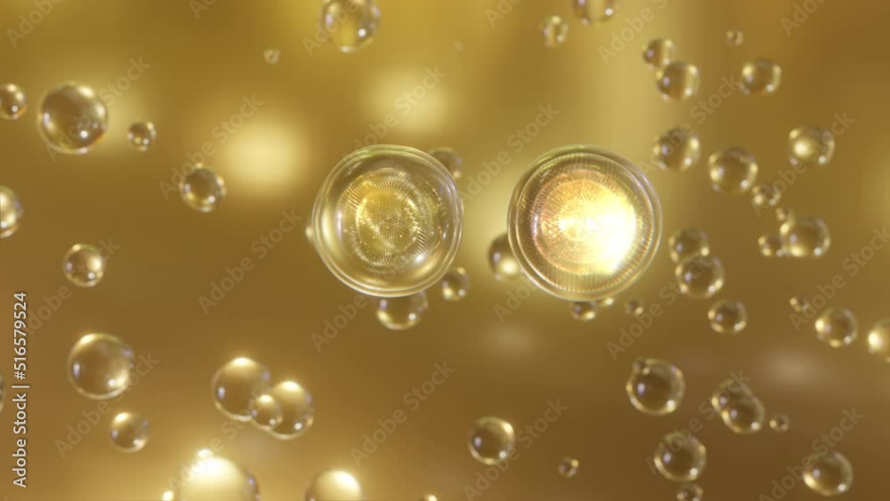Poster a macro shot of many gold bubbles rising in water on a gold background. super slow motion beautiful 