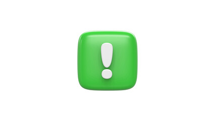 Green exclamation mark symbol and attention or caution sign icon on alert danger problem. Background with warning graphic flat design concept. 3D render