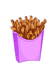 Graphical french fries in pink box isolated on white, fast food,vector illustration