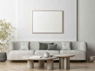 Poster frame mock-up in home interior background, living room with comfortable sofa, 3d render, 3d illustration.