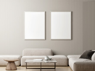 Fototapeta na wymiar Poster frame mock-up in home interior background, living room with comfortable sofa, 3d render, 3d illustration.