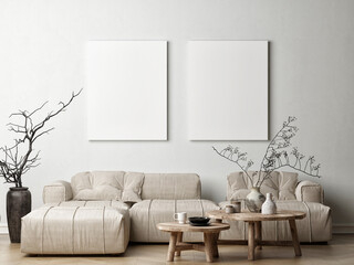 Poster frame mock-up in home interior background, living room with comfortable sofa, 3d render, 3d illustration.