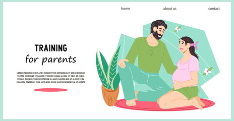 Future parents training and courses for couples expecting a child, flat cartoon vector illustration. Website banner or landing page template with pregnant woman and her husband.