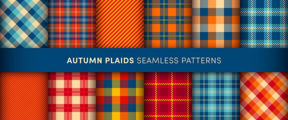 Autumn Plaids seamless pattens set. Vector Checkered, Buffalo, Tartan red, blue and yellow plaids textured background. Traditional fabric print collection. Fall plaid texture for print design, fashion