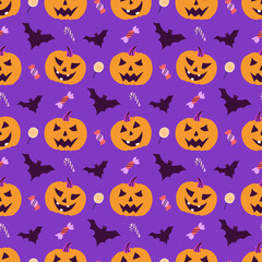Angry pumpkins with candy and bats, vector seamless pattern for Halloween in hand drawn style on purple background